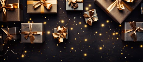 Canvas Print - Greeting Christmas background Gifts wrapping in brown paper on a black background with yellow lights Top view. copy space available