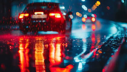 Sticker - A car is driving down a wet road at night with the headlights on