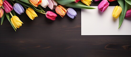 Aufkleber - Easter greeting card with tulips and easter eggs Top view flat lay with space for your greetings. copy space available