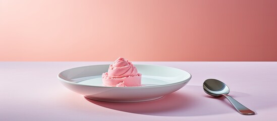 Poster - Scoops pink ice cream on plate at table background. copy space available