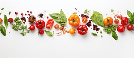Poster - cherry tomatoes and basil tomatoes on a branch red cherry tomatoes with ingredients for cooking salt peppers and green herb on the white background with copy space top view
