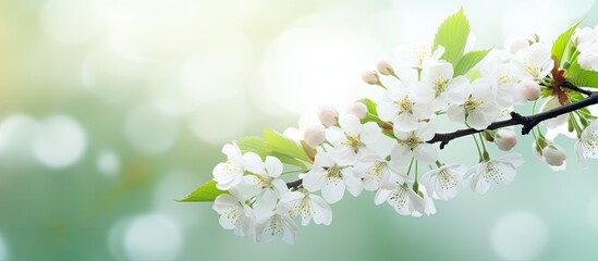 Sticker - A stunning cherry tree branch with blooming flowers symbolizes the arrival of spring The image showcases a blurred green backdrop providing a perfect copy space for text