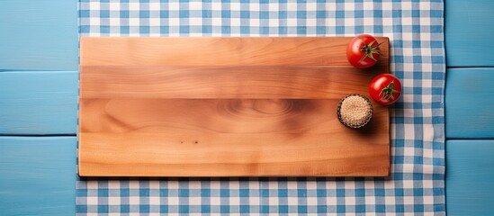 Poster - Wooden cutting board and kitchen towel Flat lay with copy space