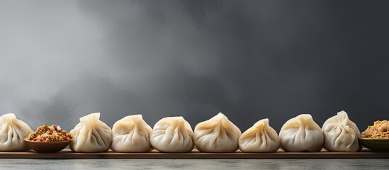 Poster - A variety of dumplings representing the traditional Asian cuisine displayed on a gray background with ample copy space for text or images