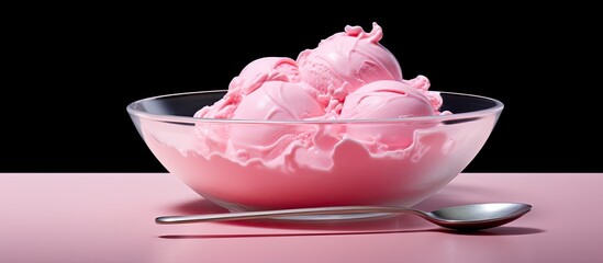Poster - Scoops pink ice cream on plate at table background. copy space available