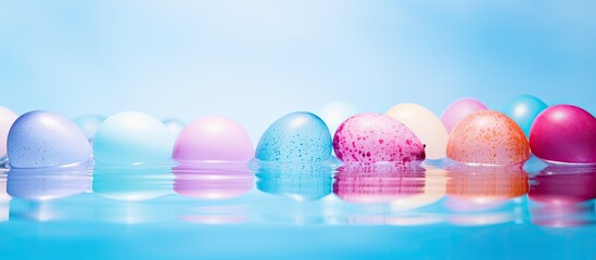 Aufkleber - Colorful Easter eggs dyed by colored water isolated on a pale blue background design concept of Easter holiday activity close up copy space