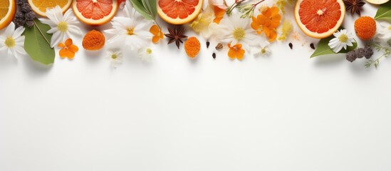 Poster - White tabletop with orange halves supplies decorative plants and copy space Mock up