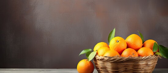 Poster - The wicker basket on the table holds fresh juicy oranges with ample room for text in the image