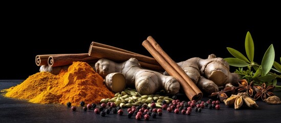 Aufkleber - Spices such as ground turmeric curcuma root cinnamon ginger and black pepper are arranged on a grey background to create a visually appealing copy space image representing the ingredients for a turme