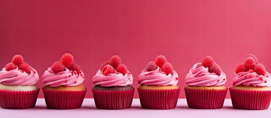 Poster - Tasty raspberry cupcakes on pink background with space for text. copy space available