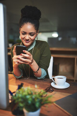 Aufkleber - Cellphone, computer and business woman in office with coffee networking on social media, app or internet. Smile, cappuccino and female designer scroll on website with phone by desktop in workplace.