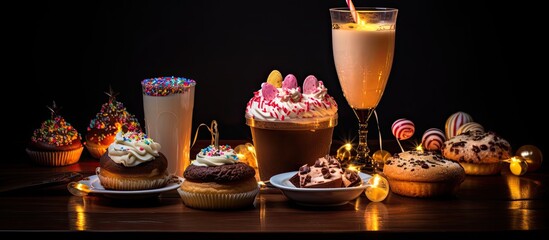 Poster - birthday food and drinks hot chocolate latte coffee pizza. copy space available
