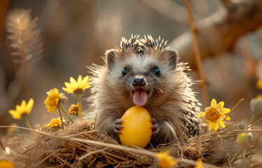 Hedgehog sitting in the grass with yellow flowers and eggs