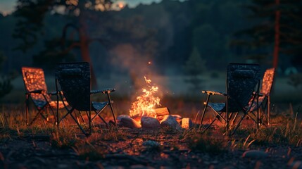 Wall Mural - A group of chairs are set up around a fire in a forest
