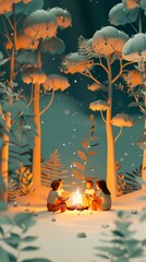 Wall Mural - A group of people are sitting around a fire in a forest