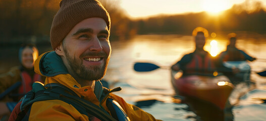 Wall Mural - a happy man with friends kayaking on the river, selfie photo, beautiful nature background