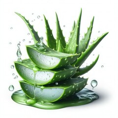 Aloe Vera slice with gel dripping with fresh water splash against a white backdrop
