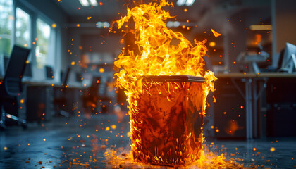 Poster - Burning trash can in empty office. Flaming rococo trash bin in an office