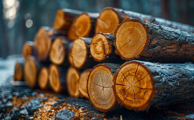 Wall Mural - Logs of pine trees cut and stacked in the forest