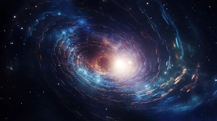 black hole at the outer space, around the black hole there is blue and gold light of outer space