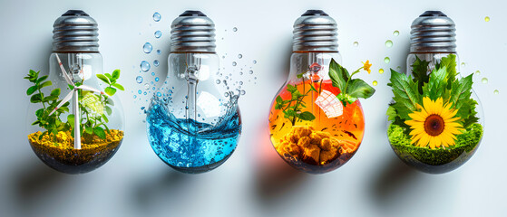 light bulbs each with different natural energy images inside. The concept of ecological energy