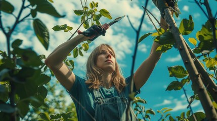 Poster - A woman in overalls trimming leaves off a tree. Suitable for gardening and landscaping concepts