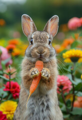 Cute rabbit is holding carrot in its paws
