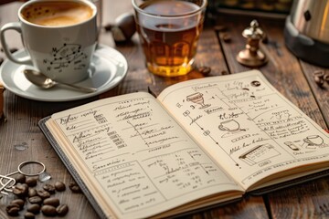 Poster - A cup of coffee and a notebook on a table. Perfect for office or work-related designs