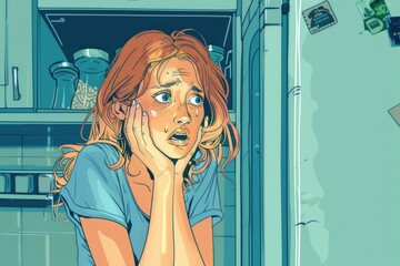 Poster - Woman chatting on phone in kitchen, suitable for lifestyle blogs