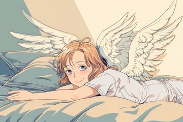 Aufkleber - A girl laying on a bed with wings on her head. Suitable for fantasy or dream themed designs