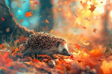 Poster - A hedge moving through a pile of autumn leaves, suitable for nature and gardening themes