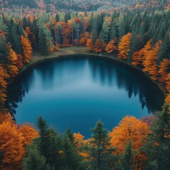 Wall Mural - Aerial Drone view of colorful top of the forest and a lake at Autumn Please provide high-resolution