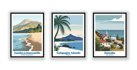 Dunedin, New Zealand, Galápagos Islands, Ecuador, Gandoca-manzanillo Wildlife Refuge Beach - Vintage Travel Posters. Vector illustration. High Quality Prints