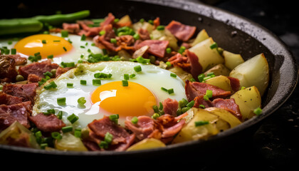 Wall Mural - A plate of eggs and bacon with green onions and potatoes