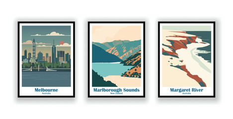 Wall Mural - Marlborough Sounds, New Zealand, Margaret River, Australia, Melbourne, Australia - Vintage Travel Posters. Vector illustration. High Quality Prints