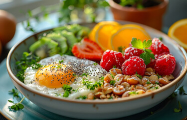 Wall Mural - Healthy breakfast with fried egg avocado nuts berries chia seeds and orange juice