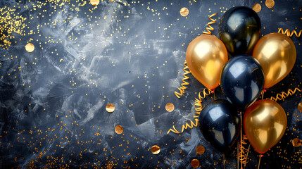 Closeup balloons gold confetti ribbon celebration party