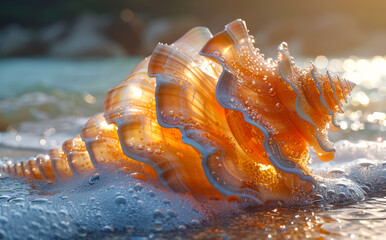 Poster - Beautiful sea shell lies on the beach in the rays of the setting sun