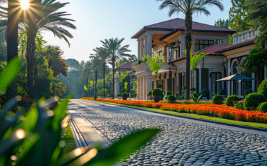 Wall Mural - Luxurious mansion with tropical garden on the shores of the lake at sunrise. View from the street