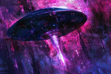 Poster - Futuristic spaceship soaring above urban landscape. Suitable for science fiction themes