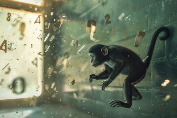 Poster - A monkey hanging from the side of a window, suitable for nature-themed designs