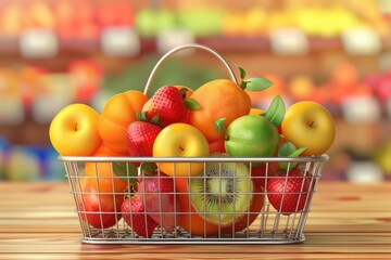 Poster - Fresh fruits in a basket on a rustic wooden table. Perfect for healthy eating concept