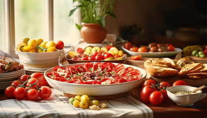 Wall Mural - A table full of food, including a large plate of sliced tomatoes