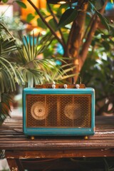 Aufkleber - A blue radio placed on a wooden table. Suitable for technology and vintage concept