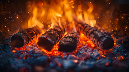 Poster - Firewood burning in the grill with flames and sparks