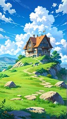 Wall Mural - Beautiful landscape with house on top of hill meadow Anime illustration, anime background, vibrant, glowing, cinematic