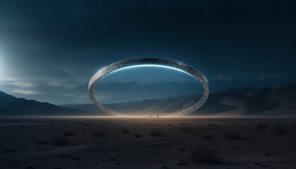 Wall Mural - A large, glowing ring is floating in the sky above a barren landscape