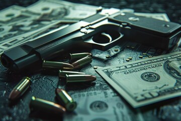 Poster - A gun and cash money on a wooden table. Suitable for crime or financial concepts