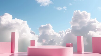 Poster - A pink platform floating in a sky filled with clouds. Great for surreal concepts and dreamy designs