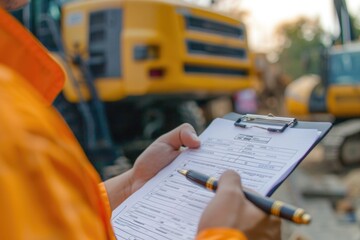 A man in an orange jacket holding a clipboard. Suitable for business and outdoor concepts